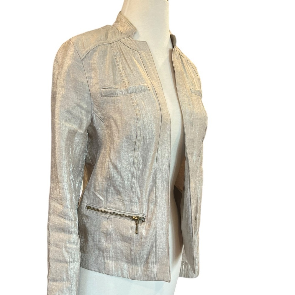 Chico’s Foiled Linen Gold Shimmer Lightweight Jacket Blazer Zip Closure Small - Picture 2 of 12